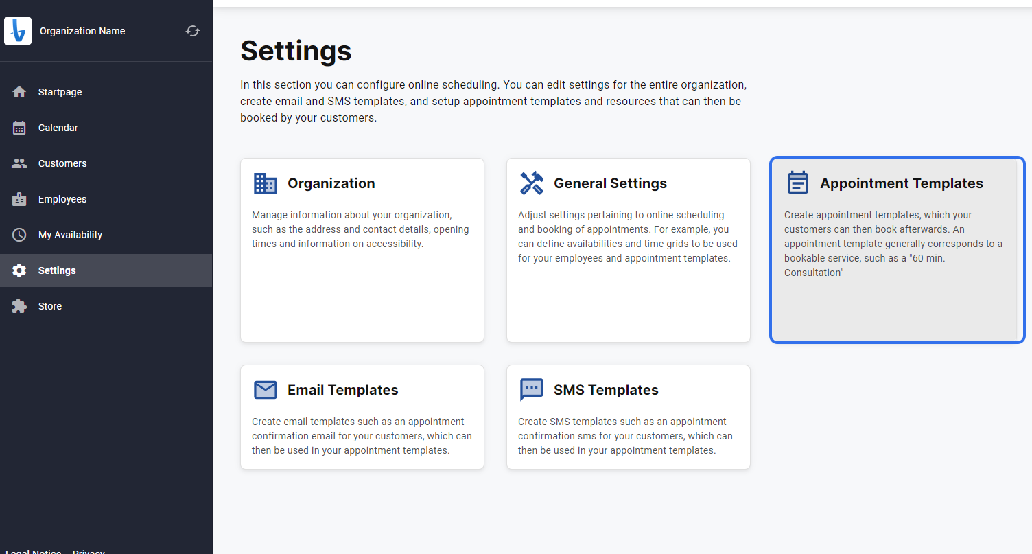 Click on Settings and then appointment templates