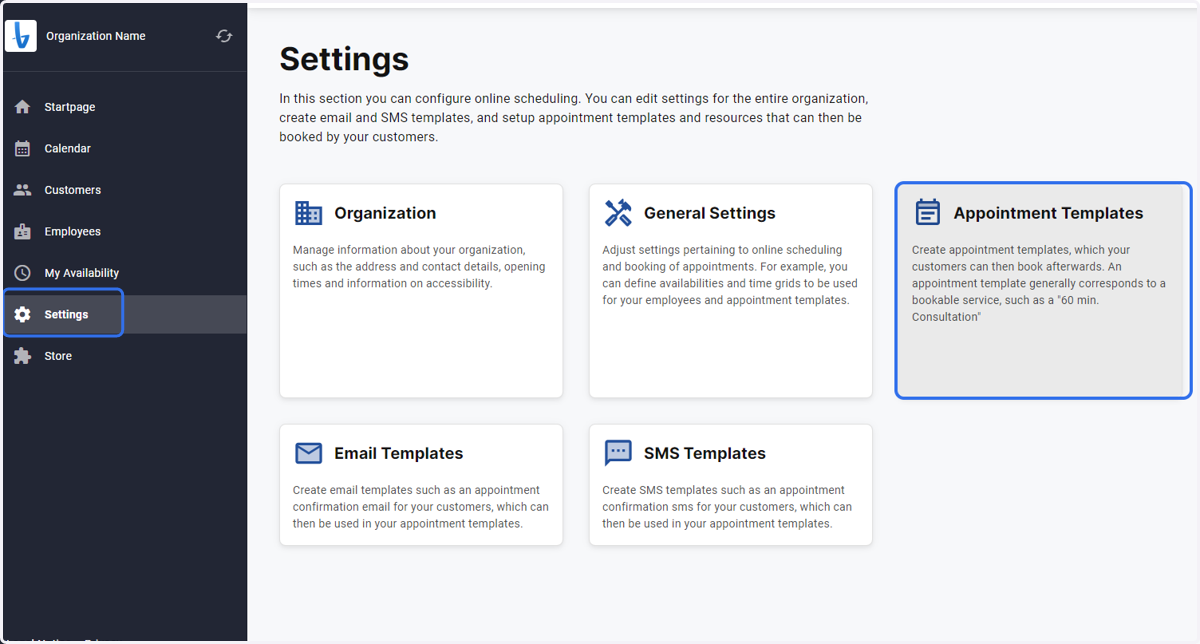 Click on Settings and then appointment templates