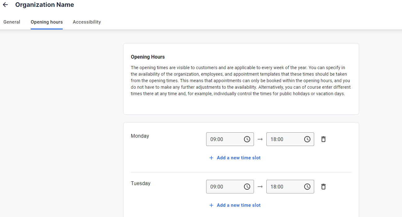 Click on Opening hours and define your business hours