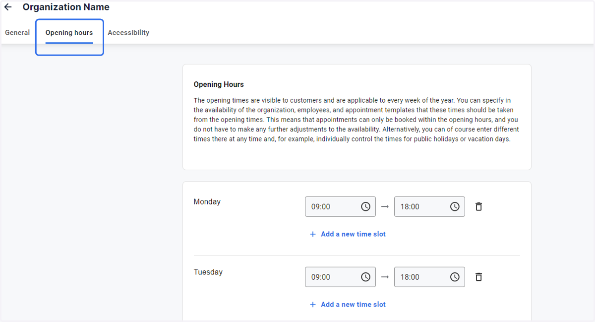 Click on Opening hours and define your business hours