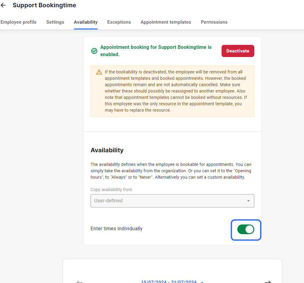 Click on Availability to edit or set the employee's working hours