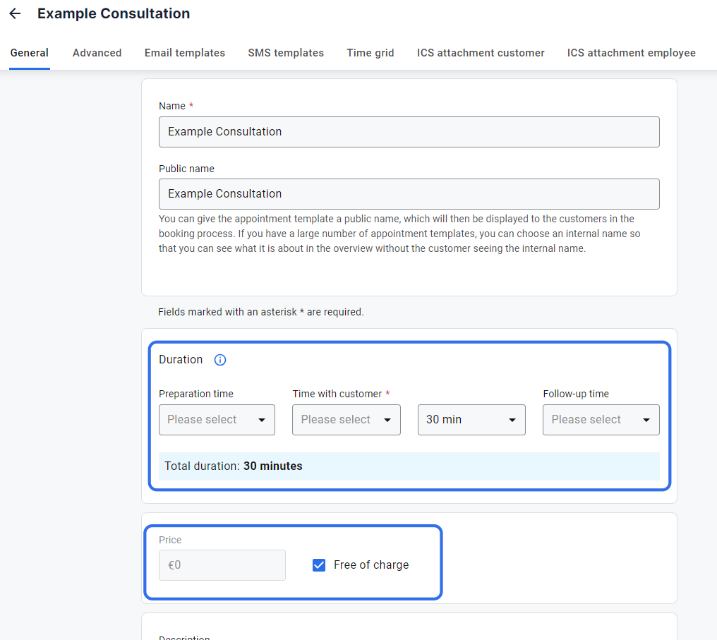 Under the General tab you can define costs, duration including lead and follow-up times and select the required employees or resources needed for this appointment