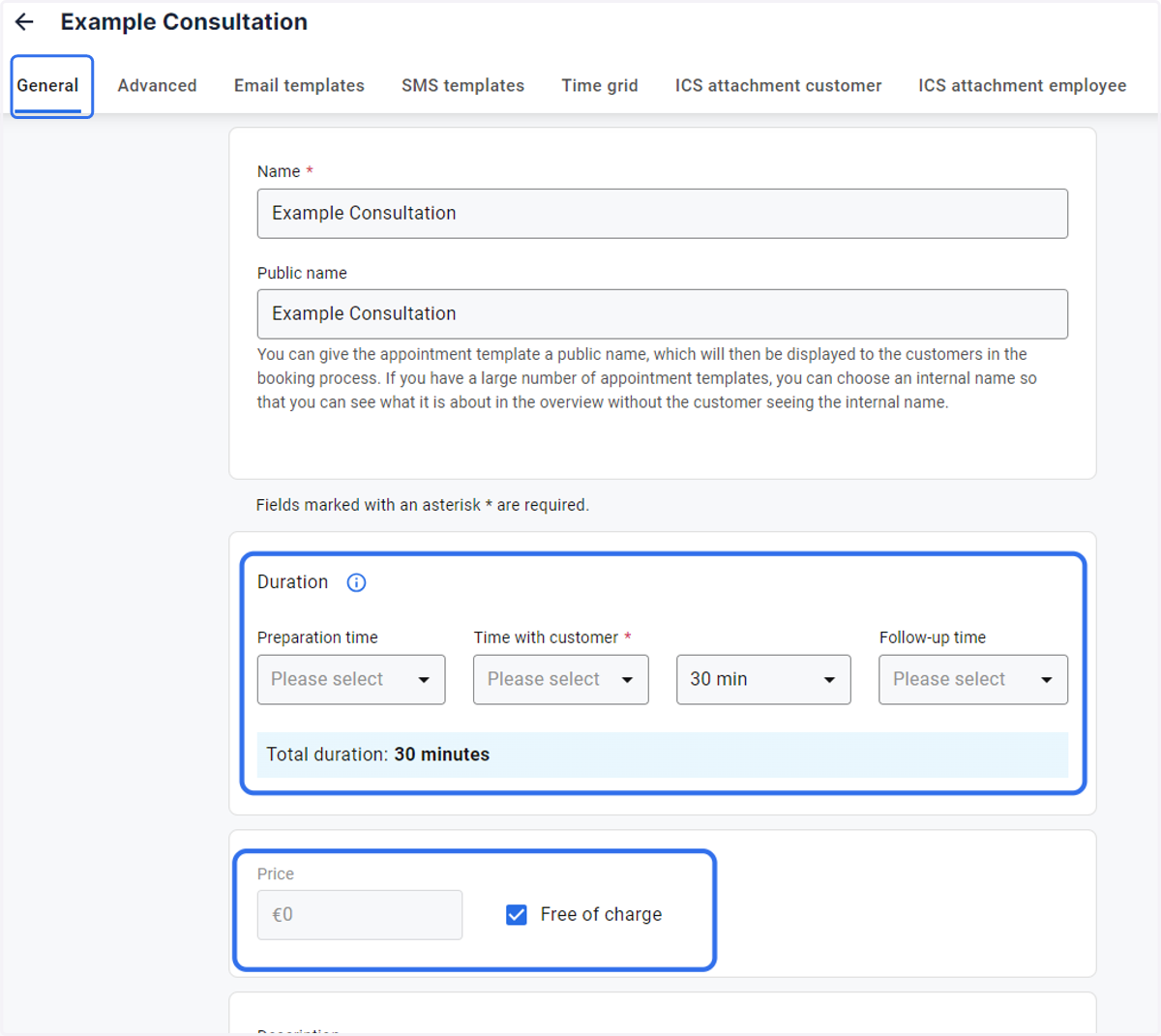 Under the General tab you can define costs, duration including lead and follow-up times and select the required employees or resources needed for this appointment