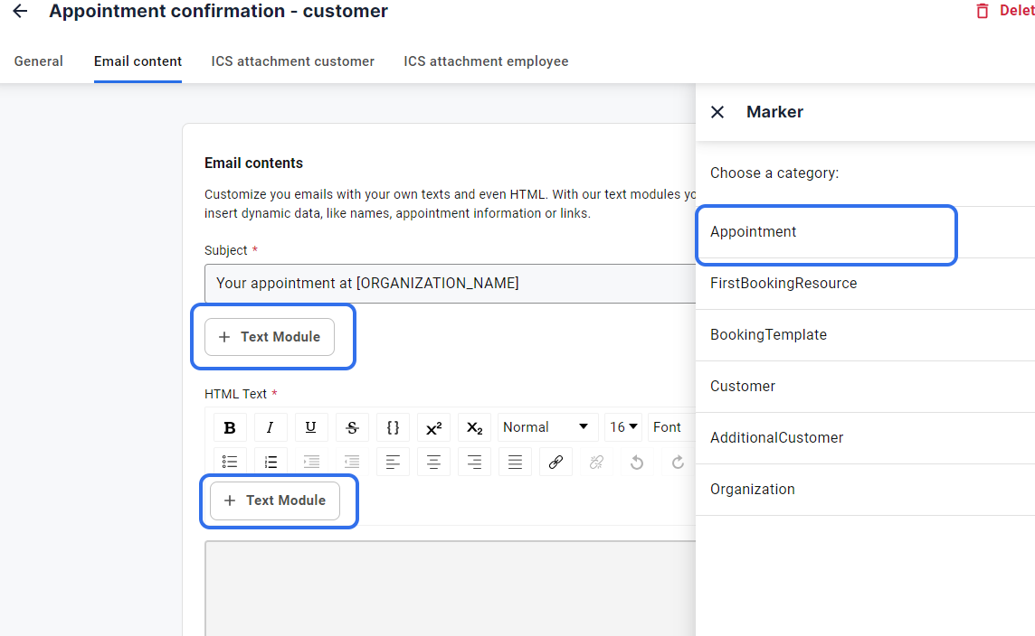 Using Markers as place holders for customized information e.g. the customer's name and their booked appointment's name