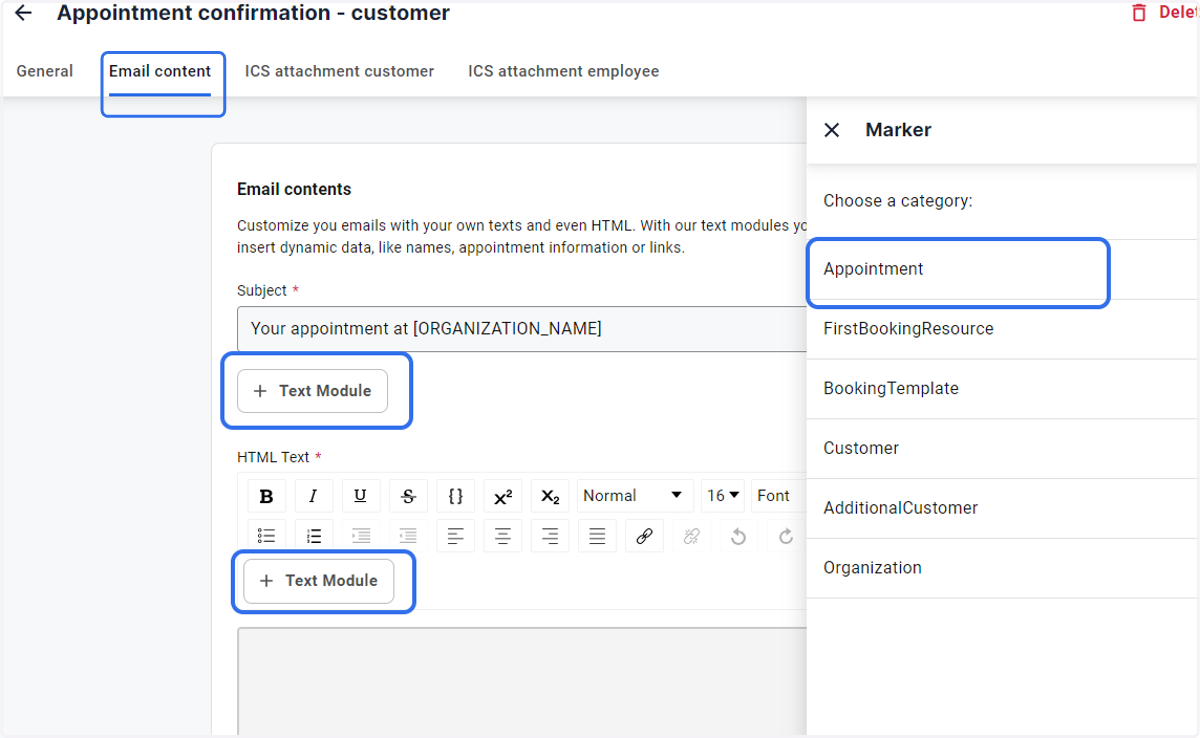 Using Markers as place holders for customized information e.g. the customer's name and their booked appointment's name
