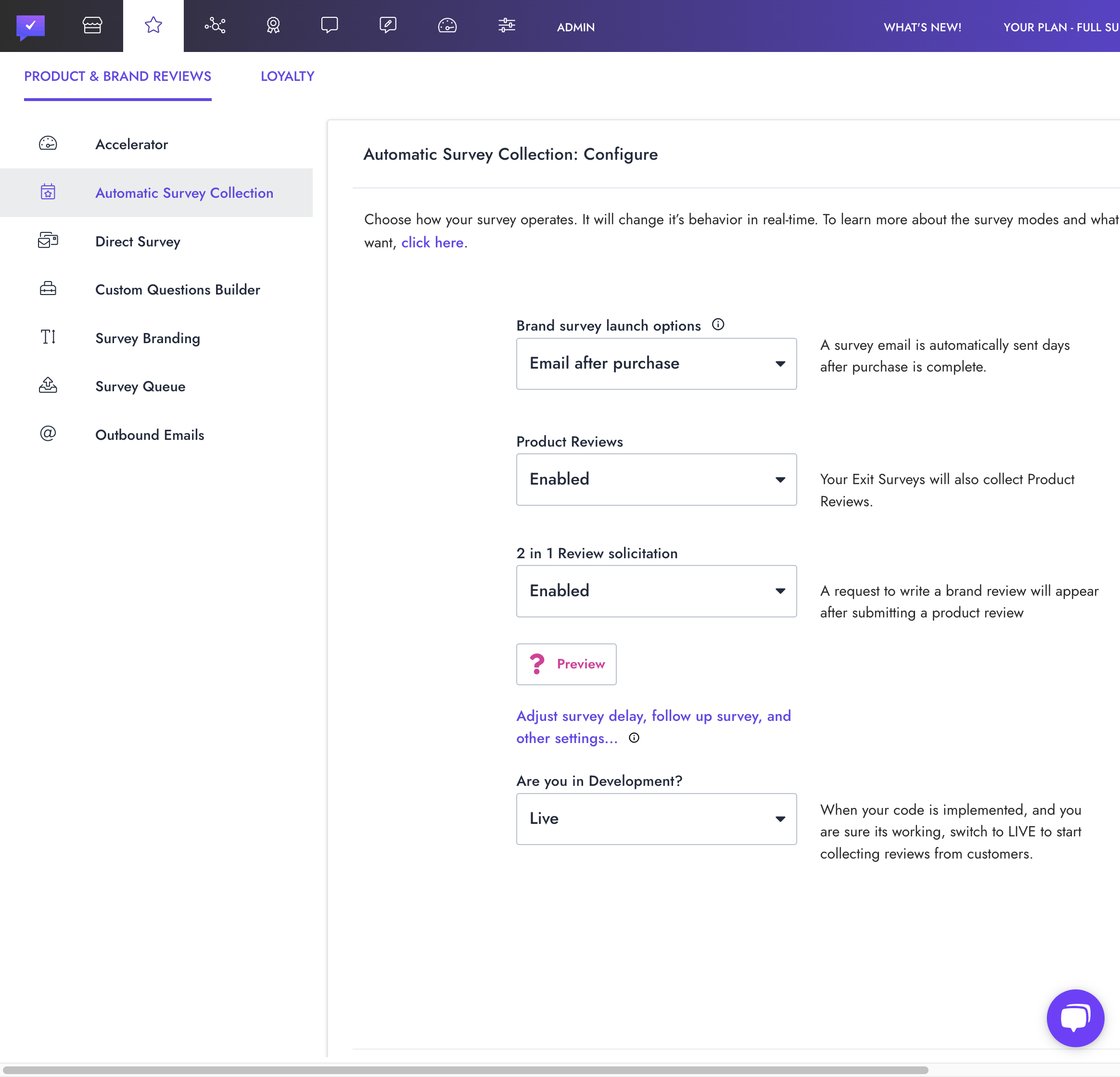 Click on Adjust survey delay, follow up survey, and other settings...