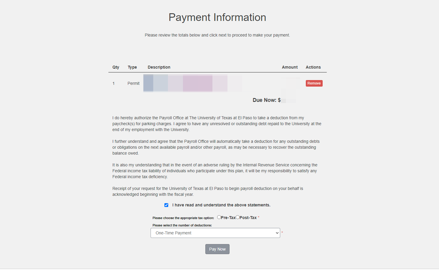 Select your payroll deduction terms then click Pay Now
