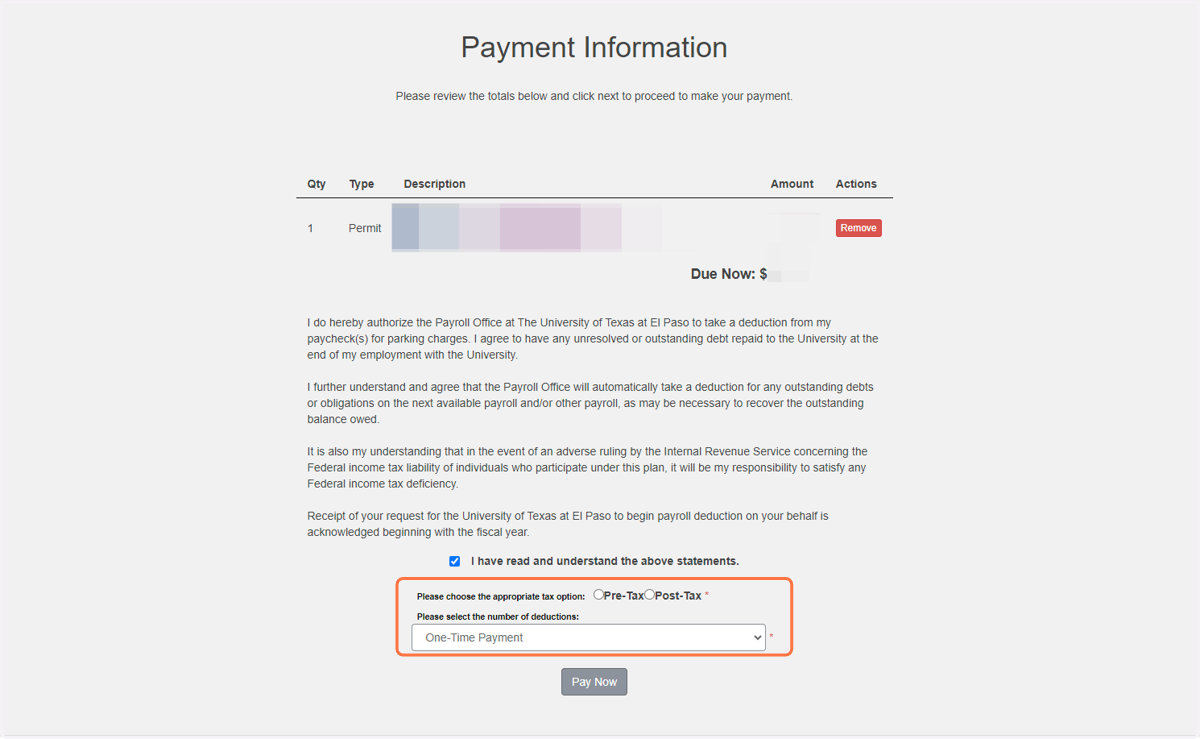 Select your payroll deduction terms then click Pay Now