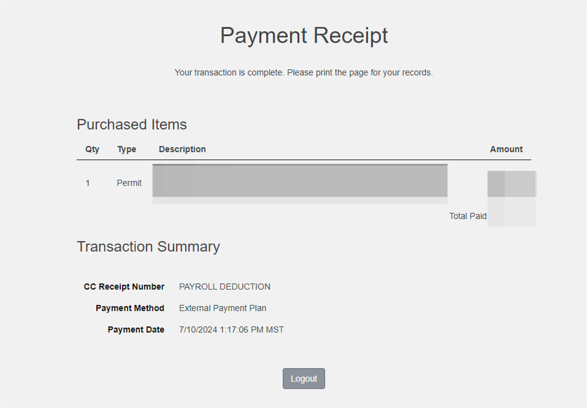 Your purchase is complete and the cost of the permit will be deduced from your paycheck based on the terms you selected.