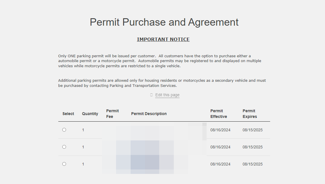 Select the permit you'd like to purchase