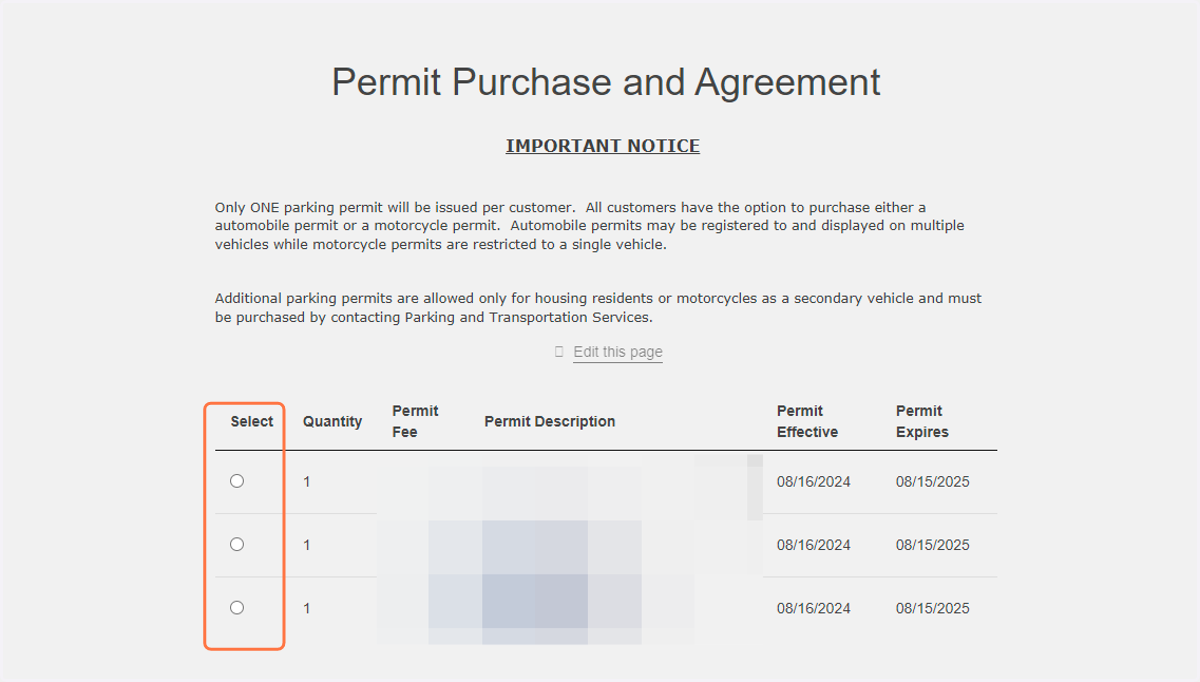 Select the permit you'd like to purchase
