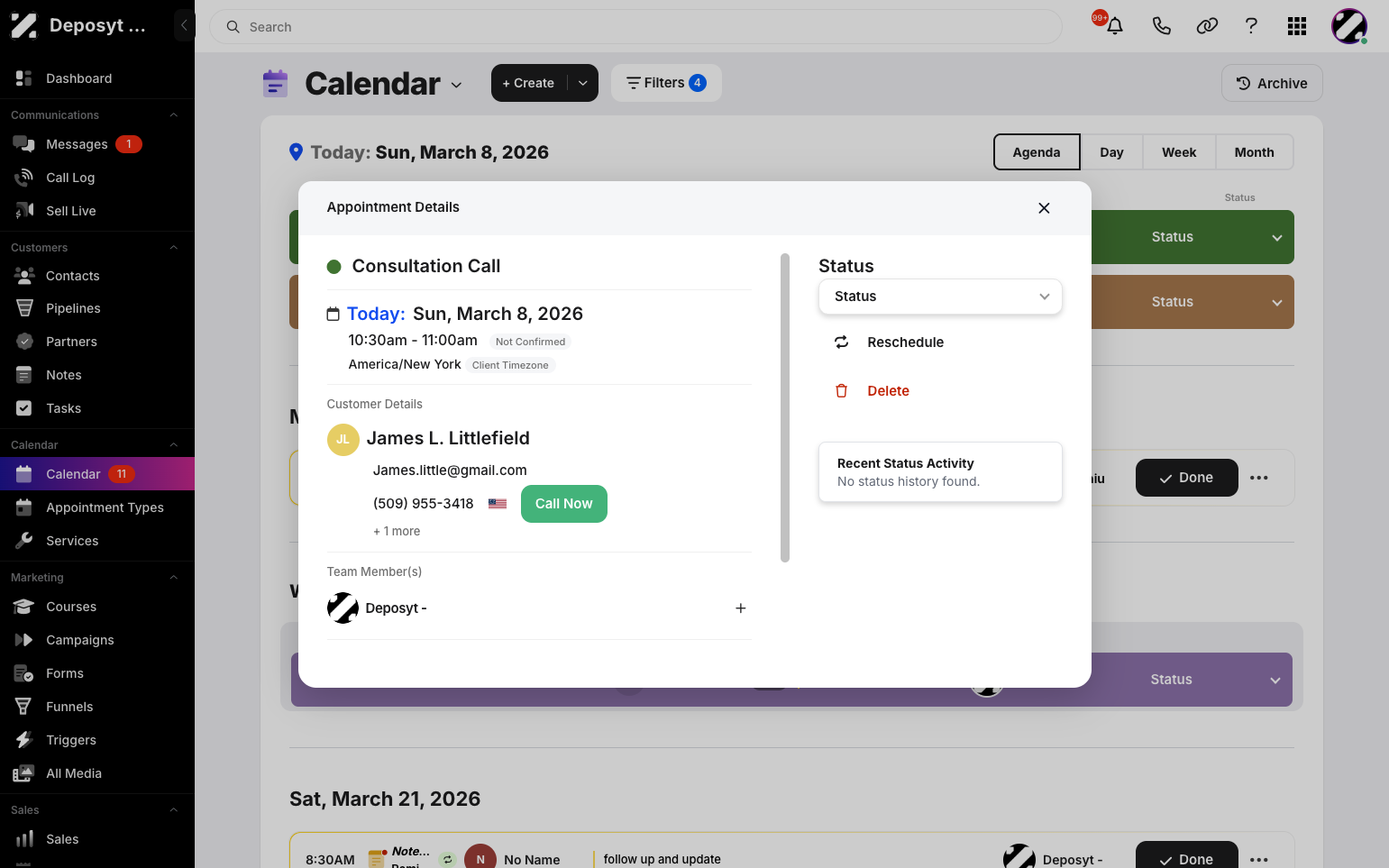 Step 3: A pop-up will appear with all the appointment details, including the date, time, time zone, customer details, status, and status activity. From here, you can also view the assigned team member and manage team members.