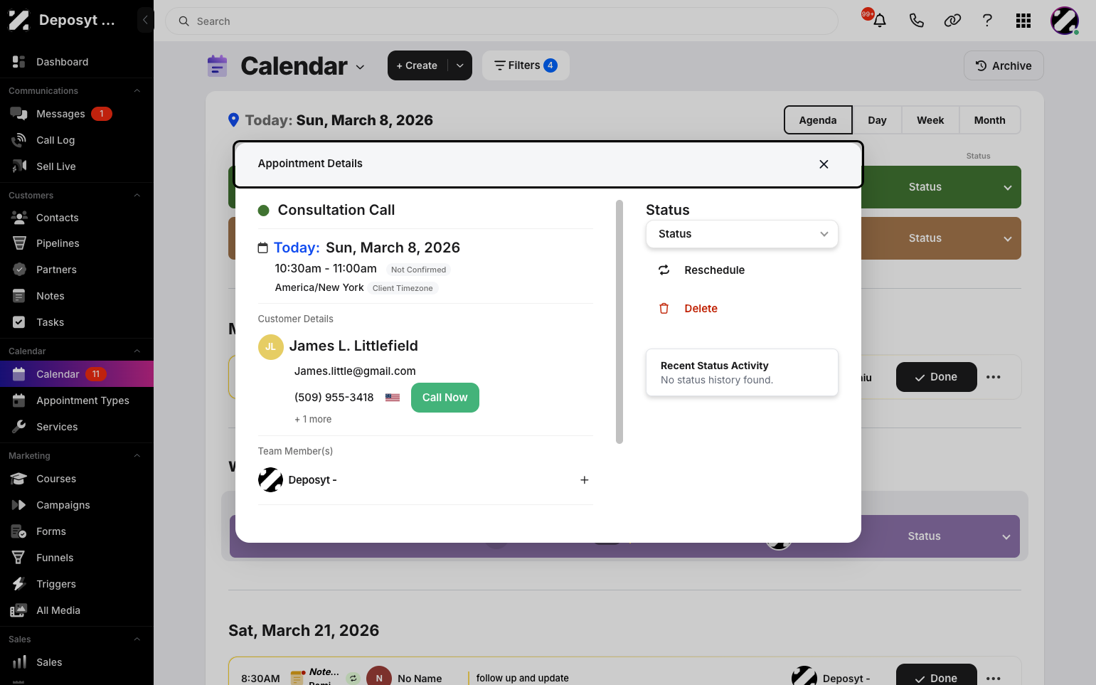 Step 3: A pop-up will appear with all the appointment details, including the date, time, time zone, customer details, status, and status activity. From here, you can also view the assigned team member and manage team members.