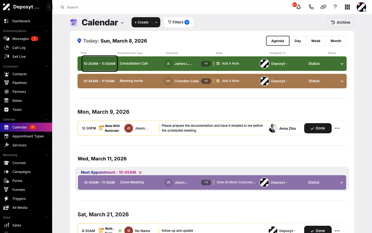 Step 2: Click the time or the event/service type to view the appointment details.