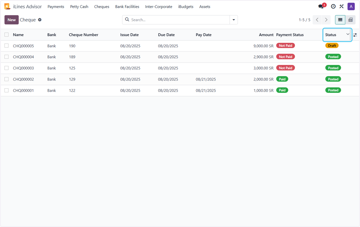 This screen shows all cheques with all their status.