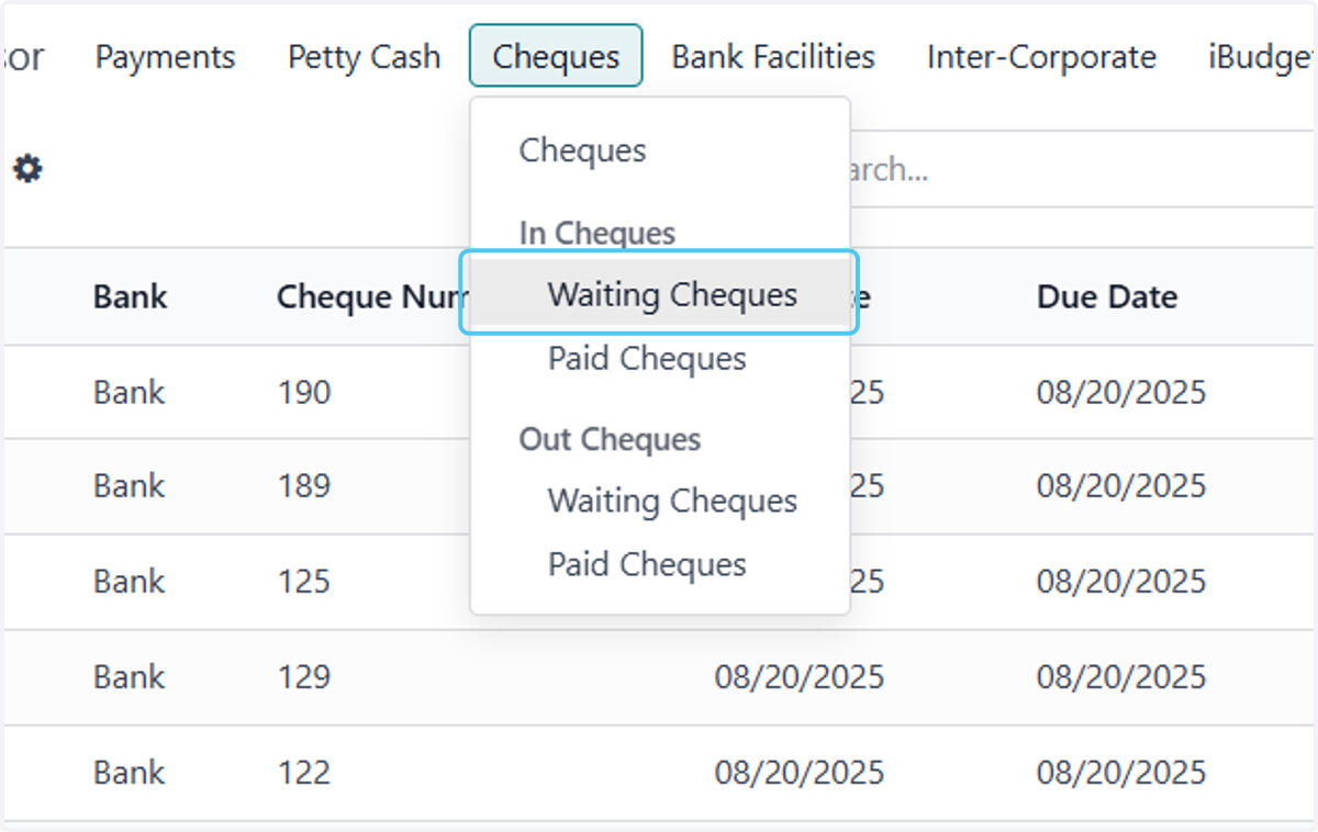 Shows cheques in posted but not paid
