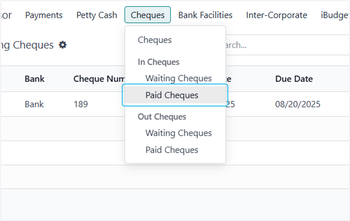 Shows paid cheques in