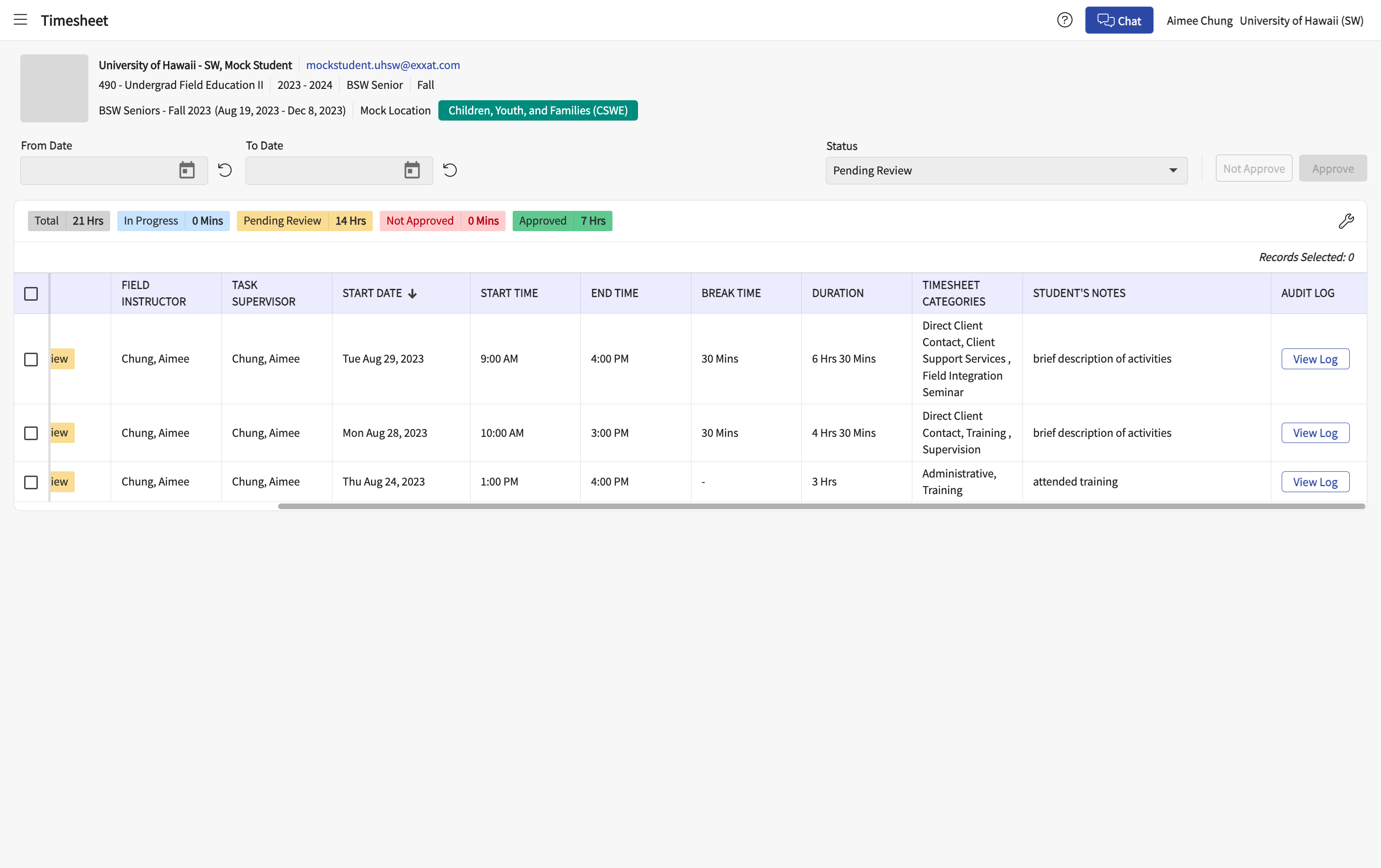 See list of hours sent for review. Scroll to the right to view all columns.