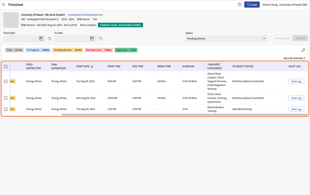 See list of hours sent for review. Scroll to the right to view all columns.