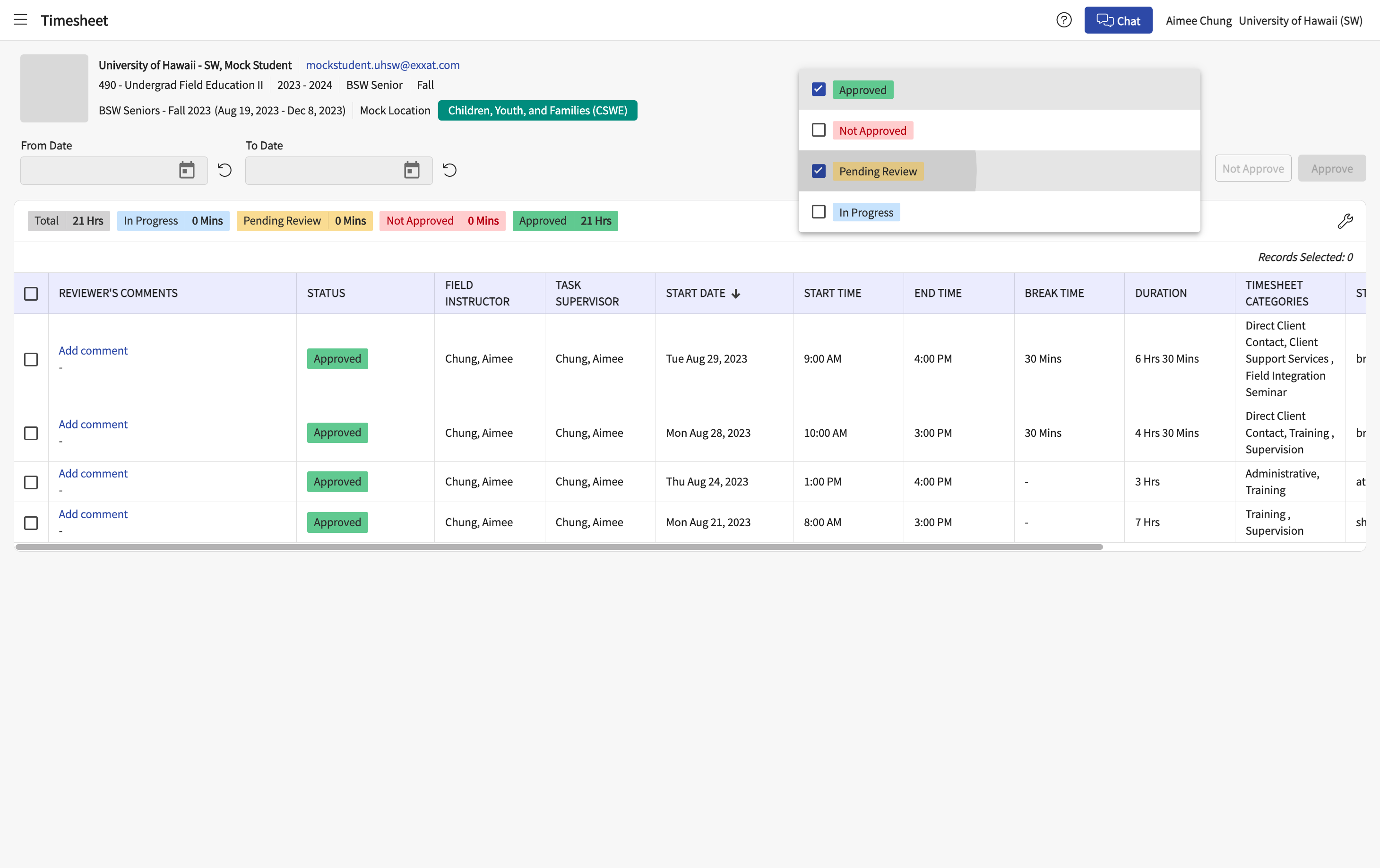 Select Pending Review (or other status categories to view).