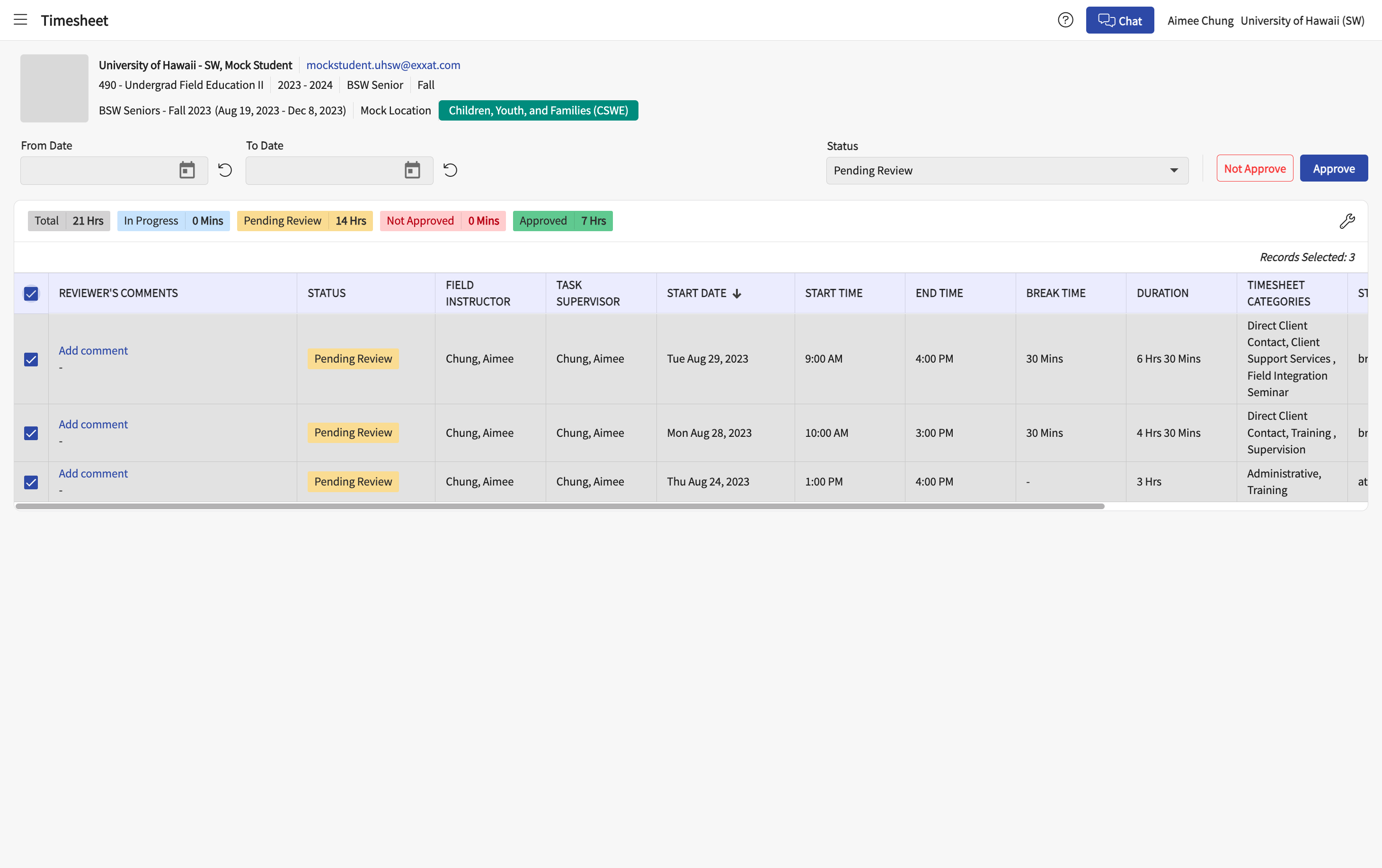 Check the box at the top of the column to select all listed hours to approve.