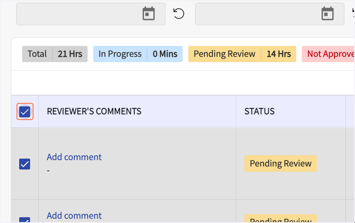 Check the box at the top of the column to select all listed hours to approve.