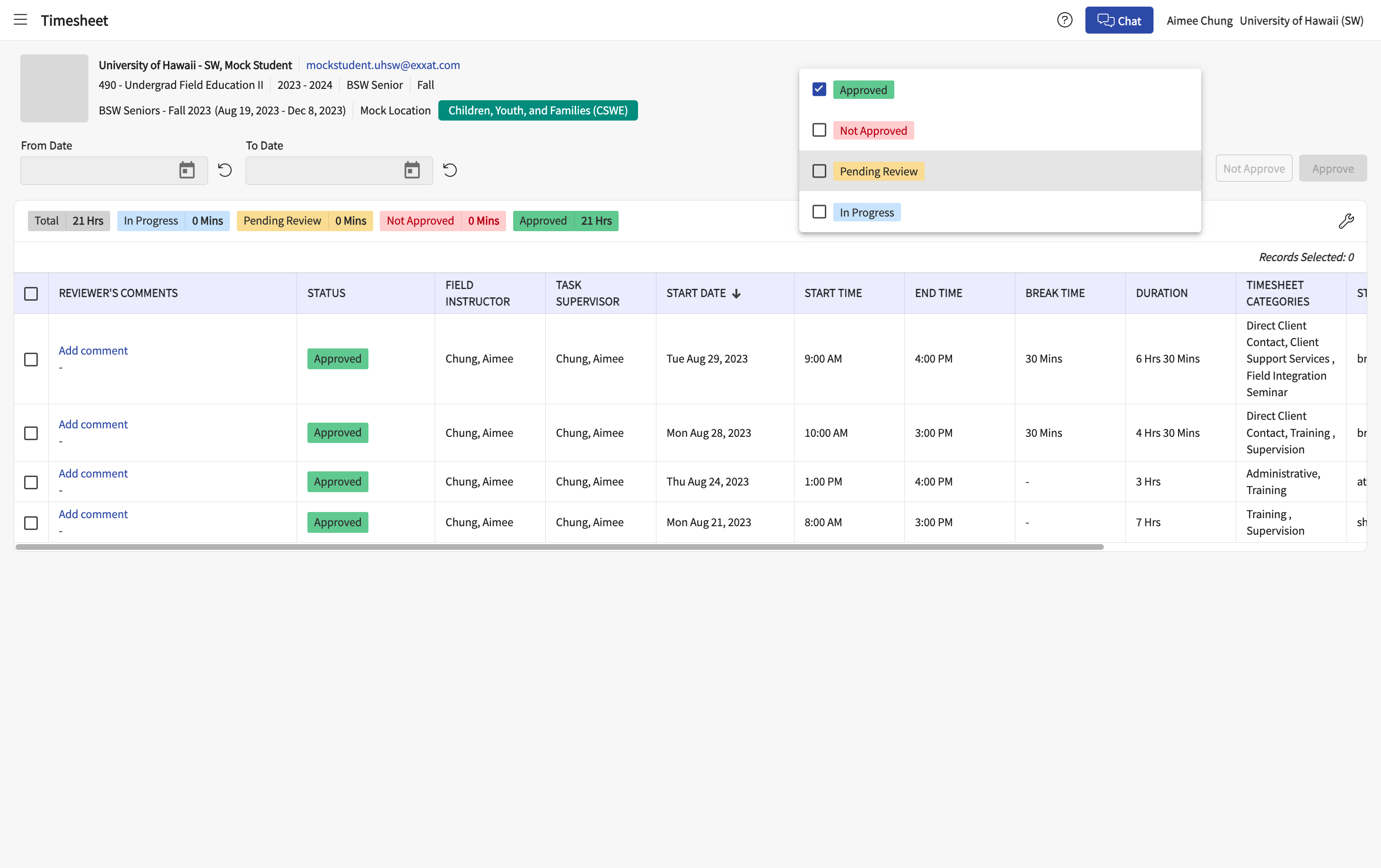 The hours will be listed with the green Approved box in the status column.