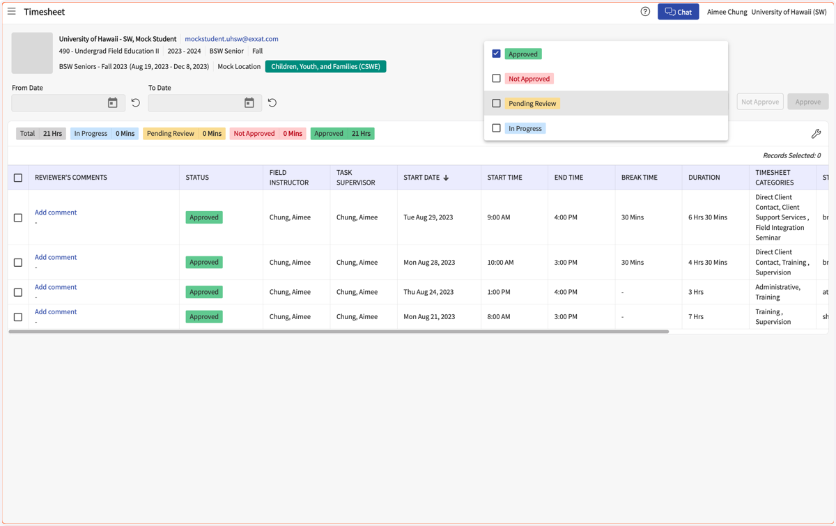 The hours will be listed with the green Approved box in the status column.