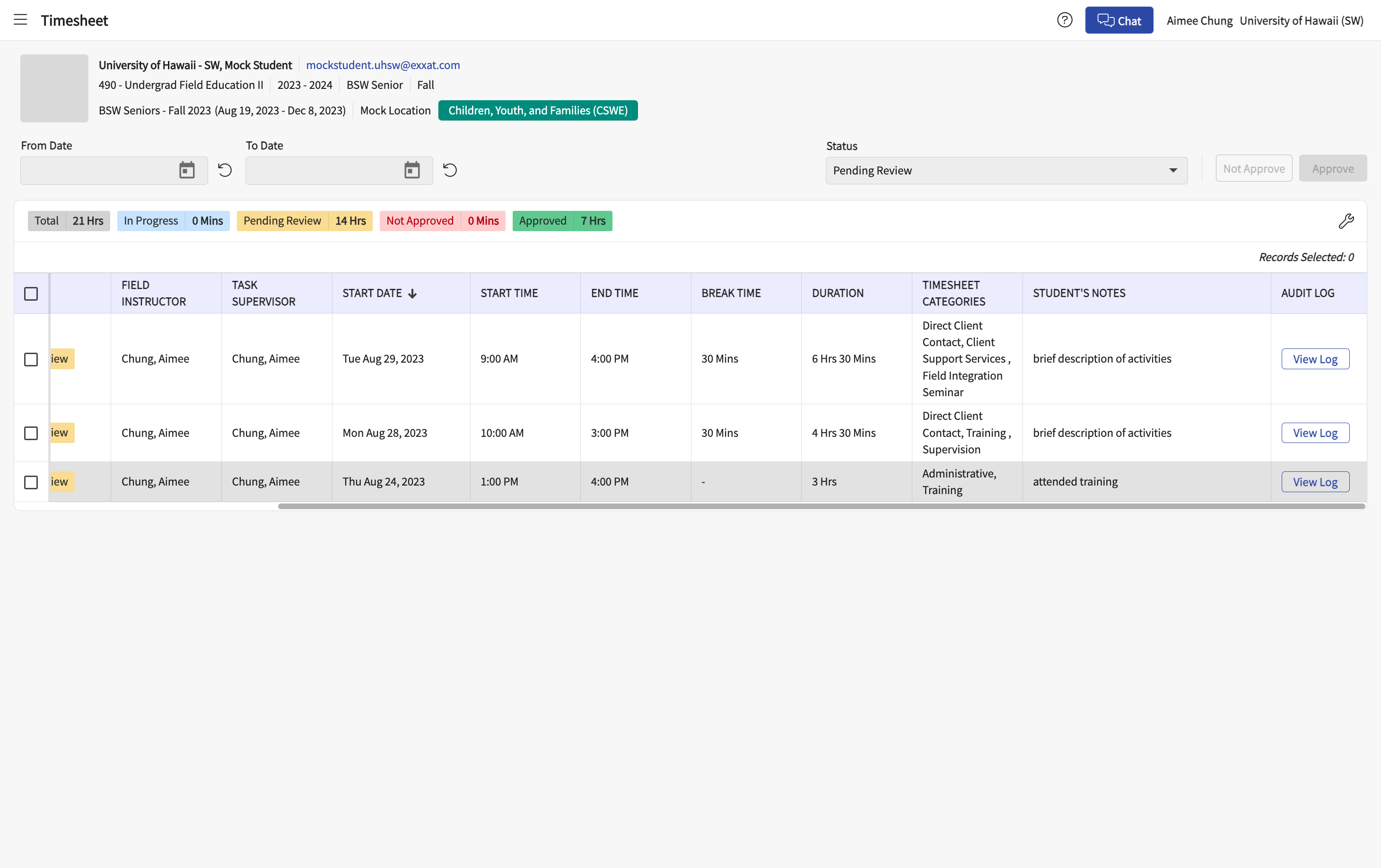 Students are instructed to enter a brief description of activities completed in addition to selecting from a predetermined list of "timesheet categories."