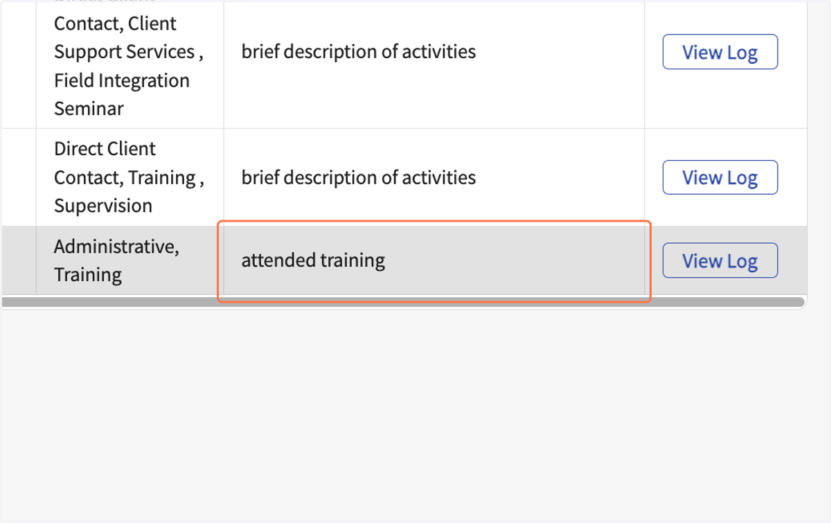 Students are instructed to enter a brief description of activities completed in addition to selecting from a predetermined list of "timesheet categories."