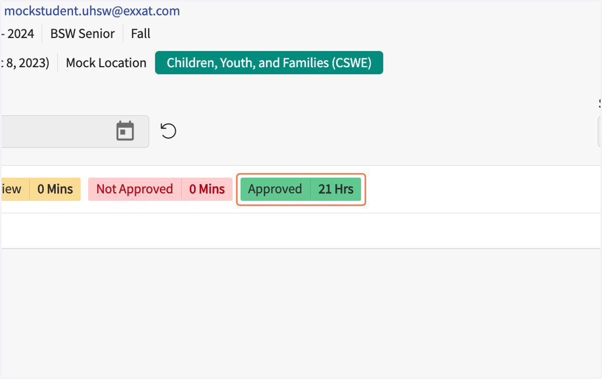At the main screen the green box shows the total hours approved.