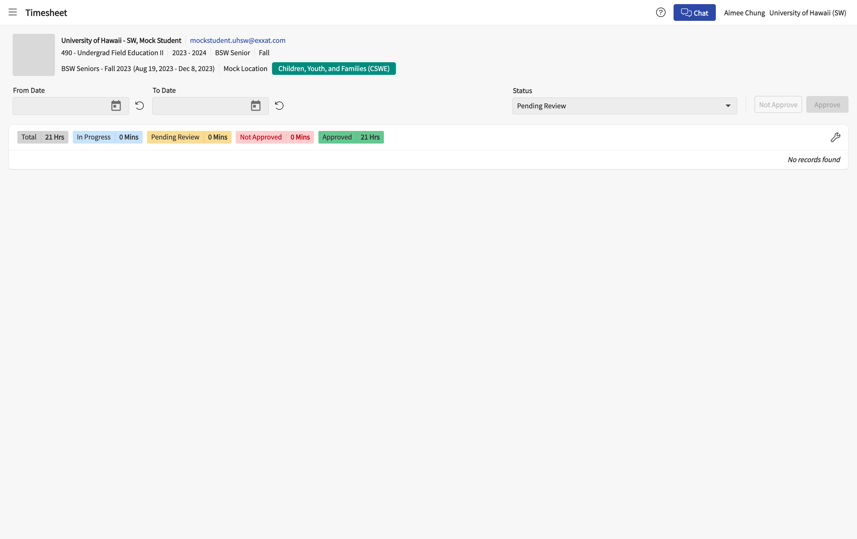 To see hours approved, click on the Status drop down arrow.