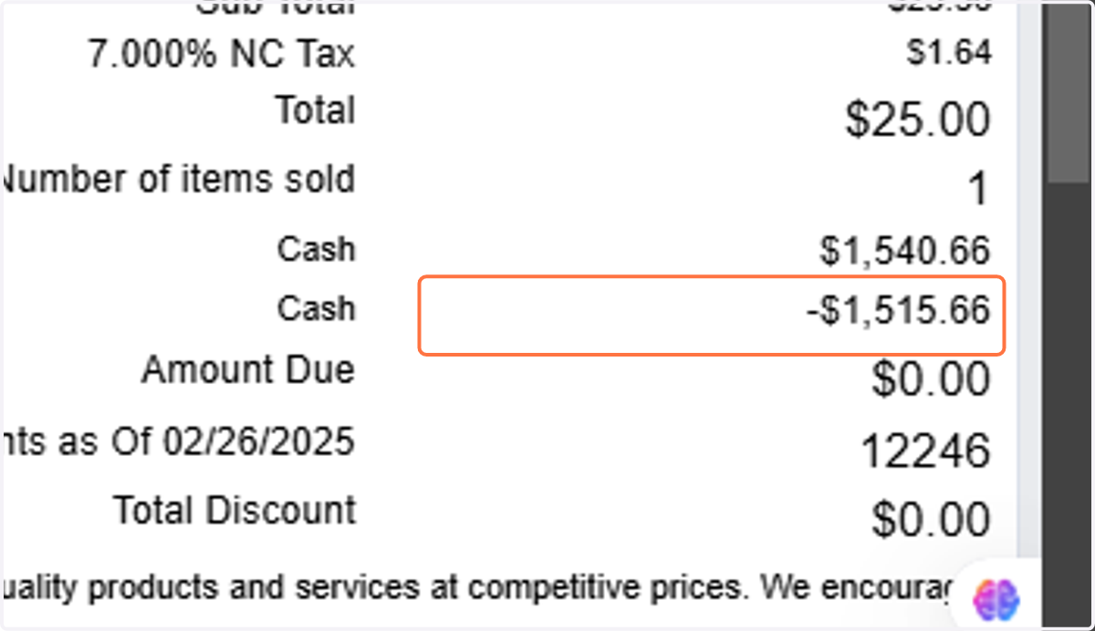 The negative payment should be attached to the receipt properly