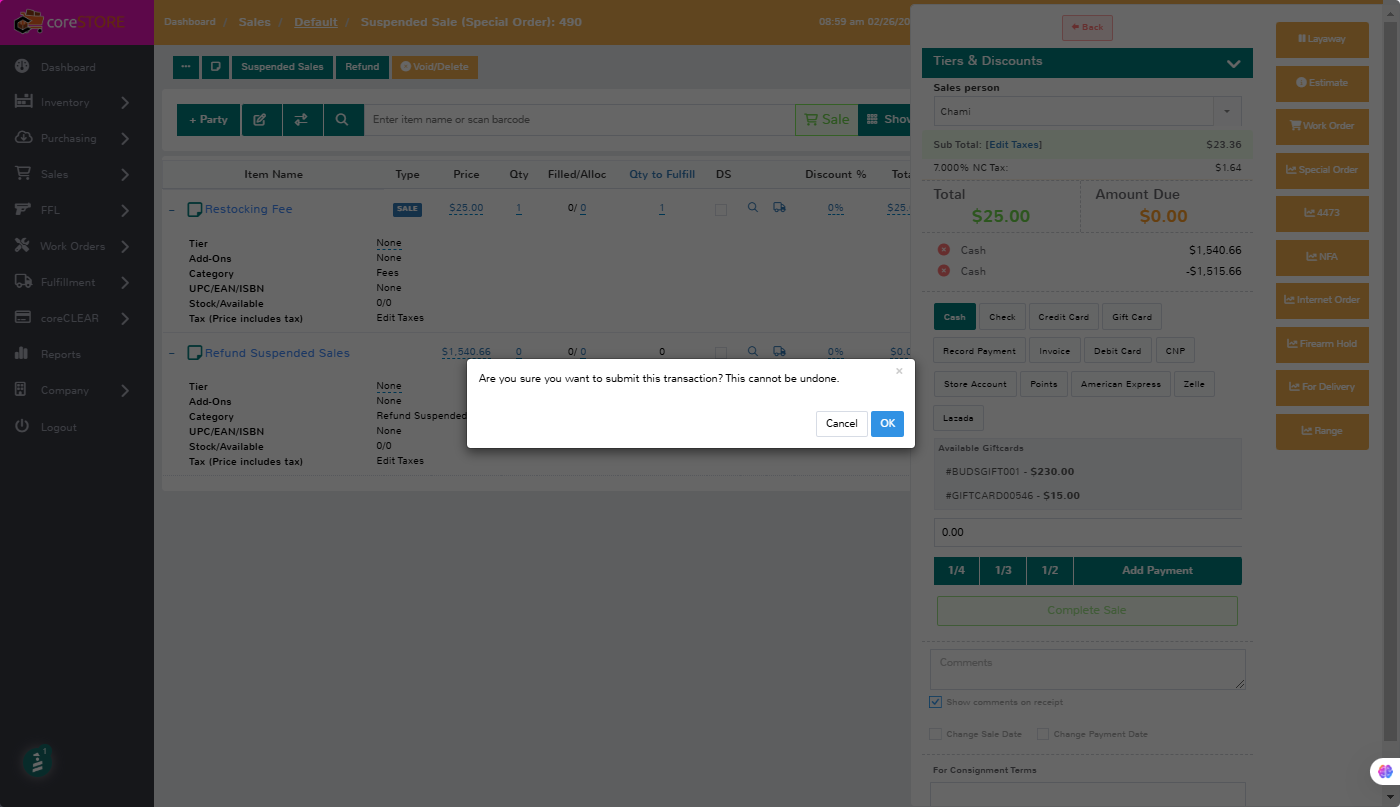 Click on OK to finalize the transaction