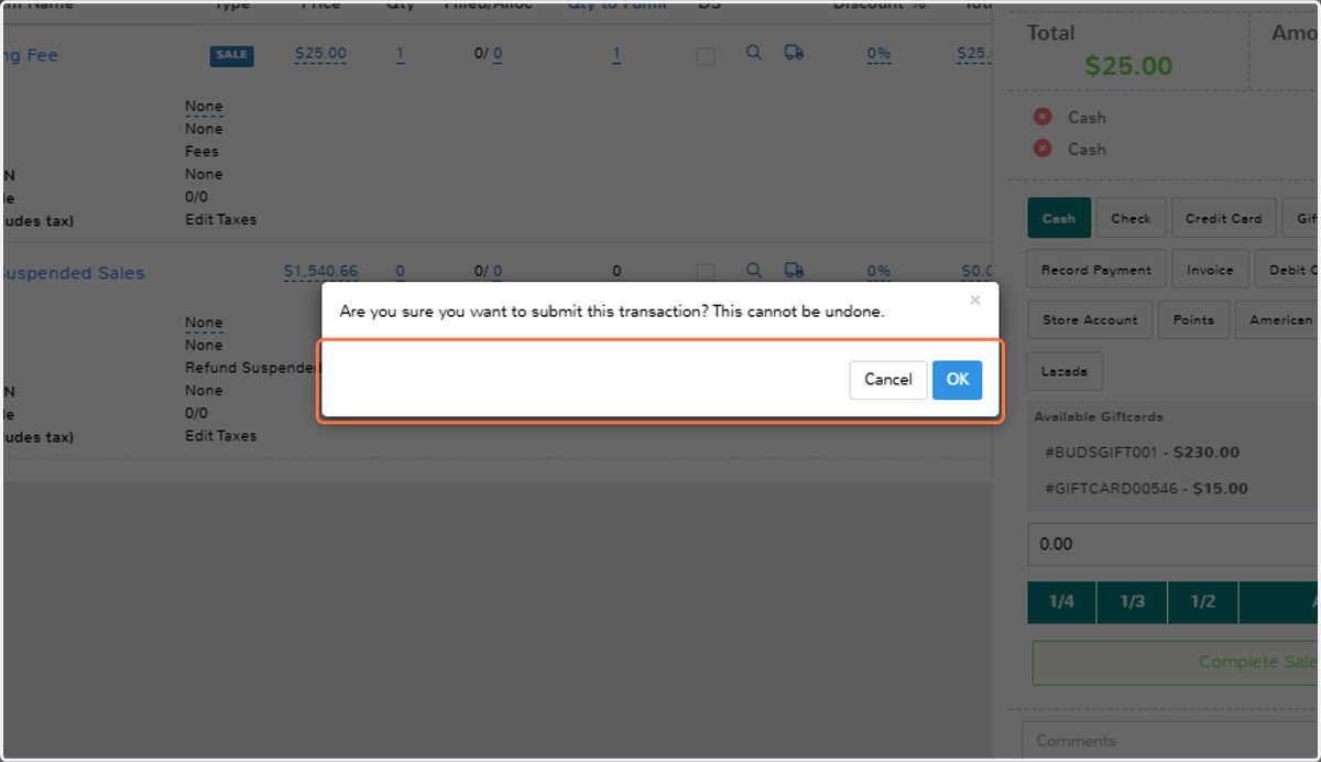 Click on OK to finalize the transaction