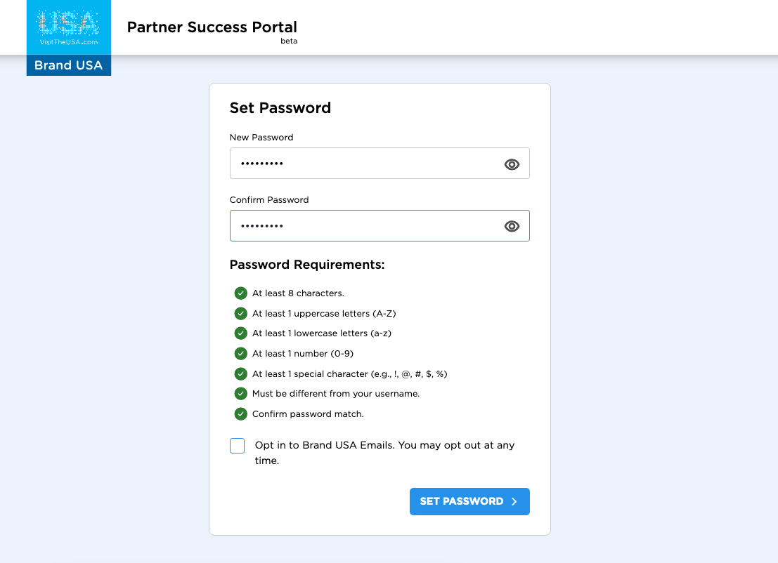 Check the checkbox to opt-in to receive emails from Brand USA, including information on Partner Program opportunities; Sales Missions and other event announcements; and webinars. When finished, click "SET PASSWORD"
