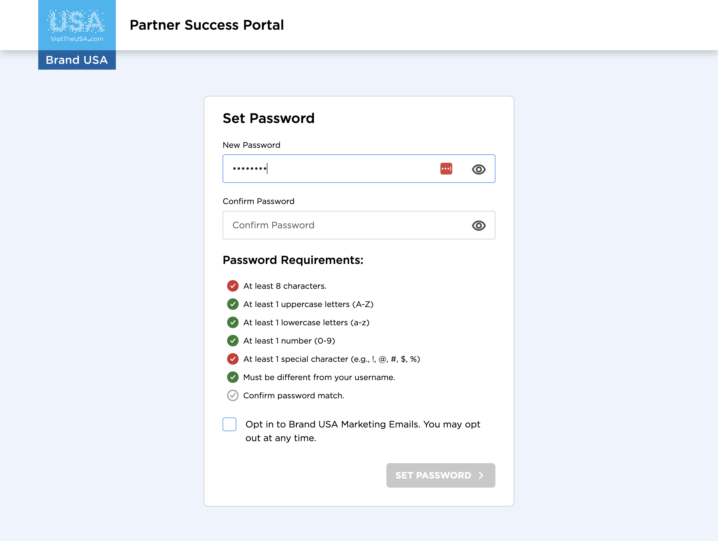 Create and confirm your new password according to the requirements listed.