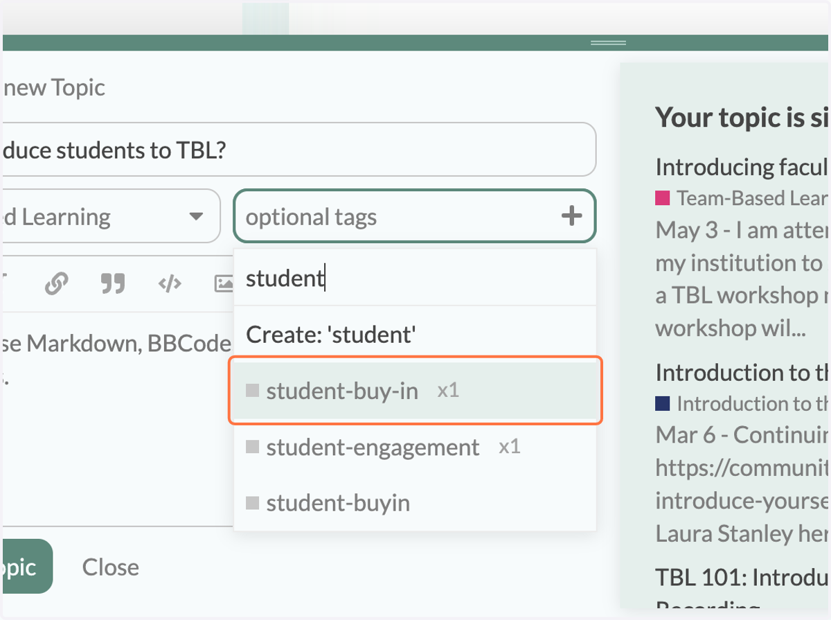 Click on student-buy-in. You can choose to add multiple optional tags to your post.