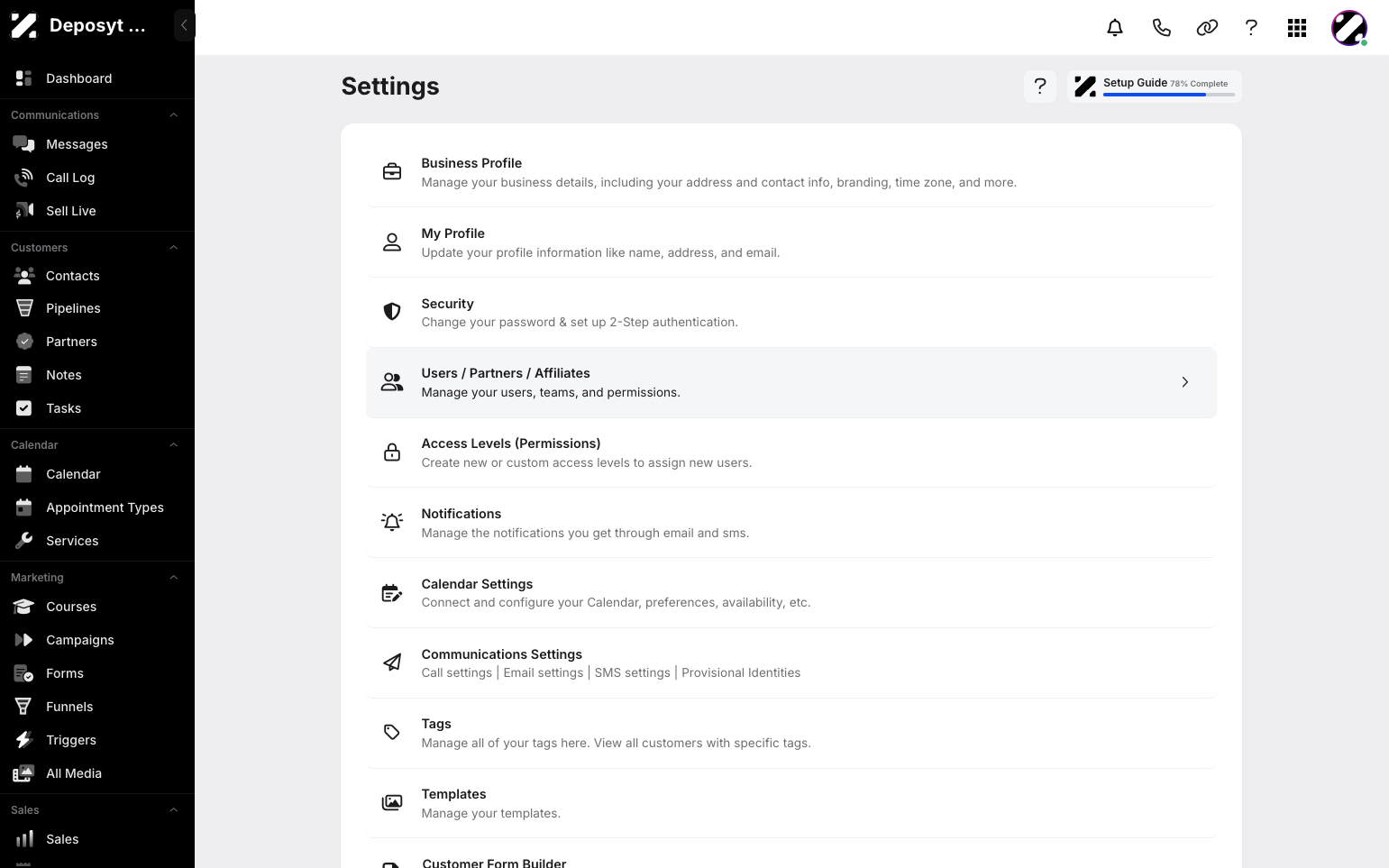 Step 3: You will then be navigated to the Settings page. Click on Users / Partners / Affiliates