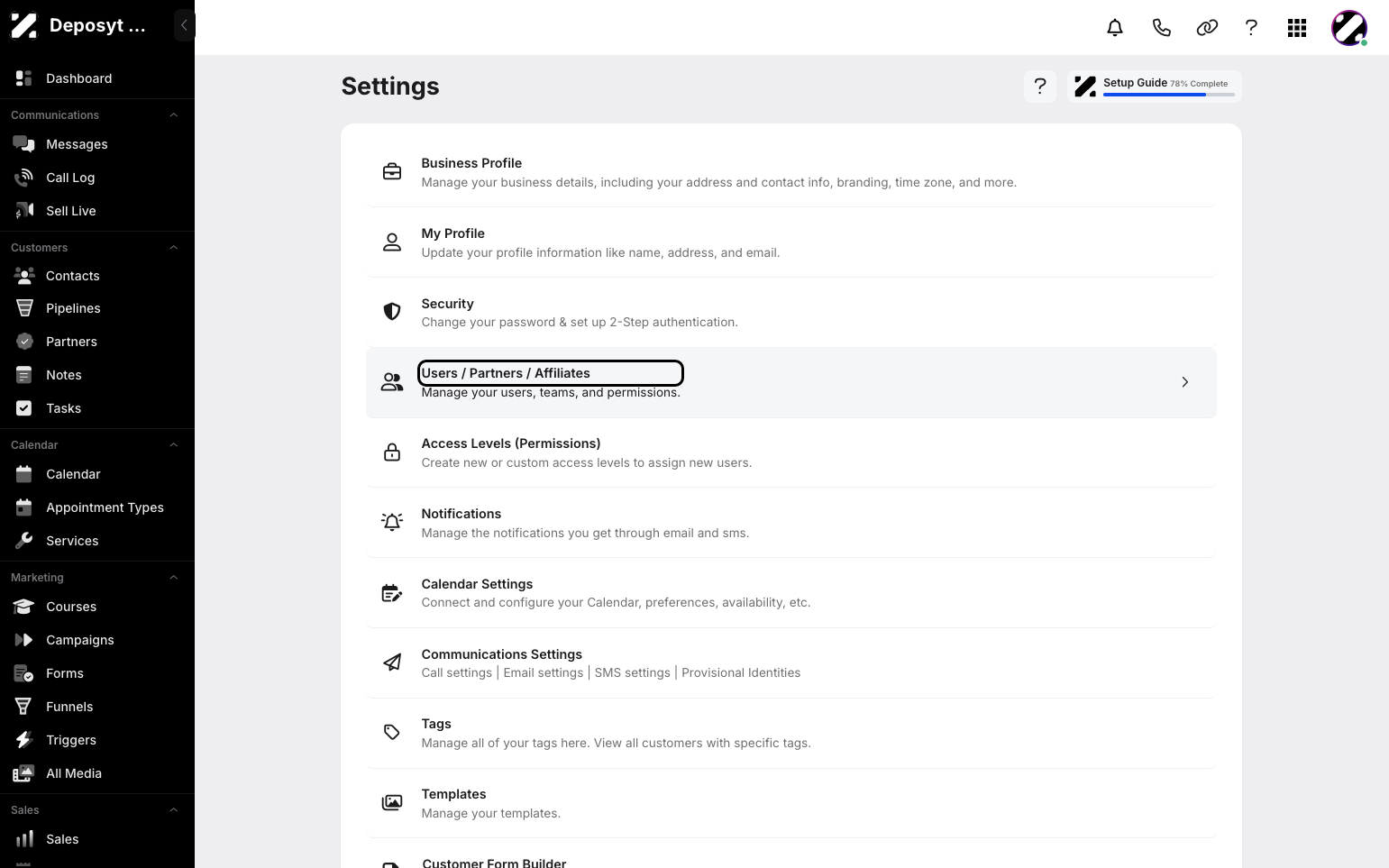 Step 3: You will then be navigated to the Settings page. Click on Users / Partners / Affiliates