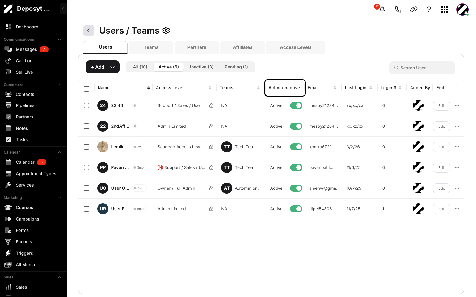 Step 5: In the Active/Inactive column, you will see toggle options to activate or deactivate the user.