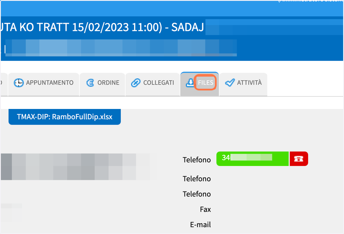 Entrando le dettaglio di un contatto (ordine/appuntamento) clicca sulla scheda Files per configurare e gestire i tuoi file.