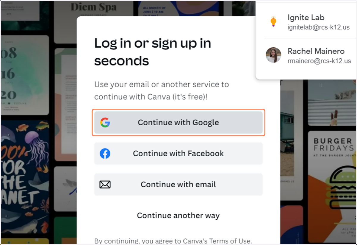 Click on Continue with Google