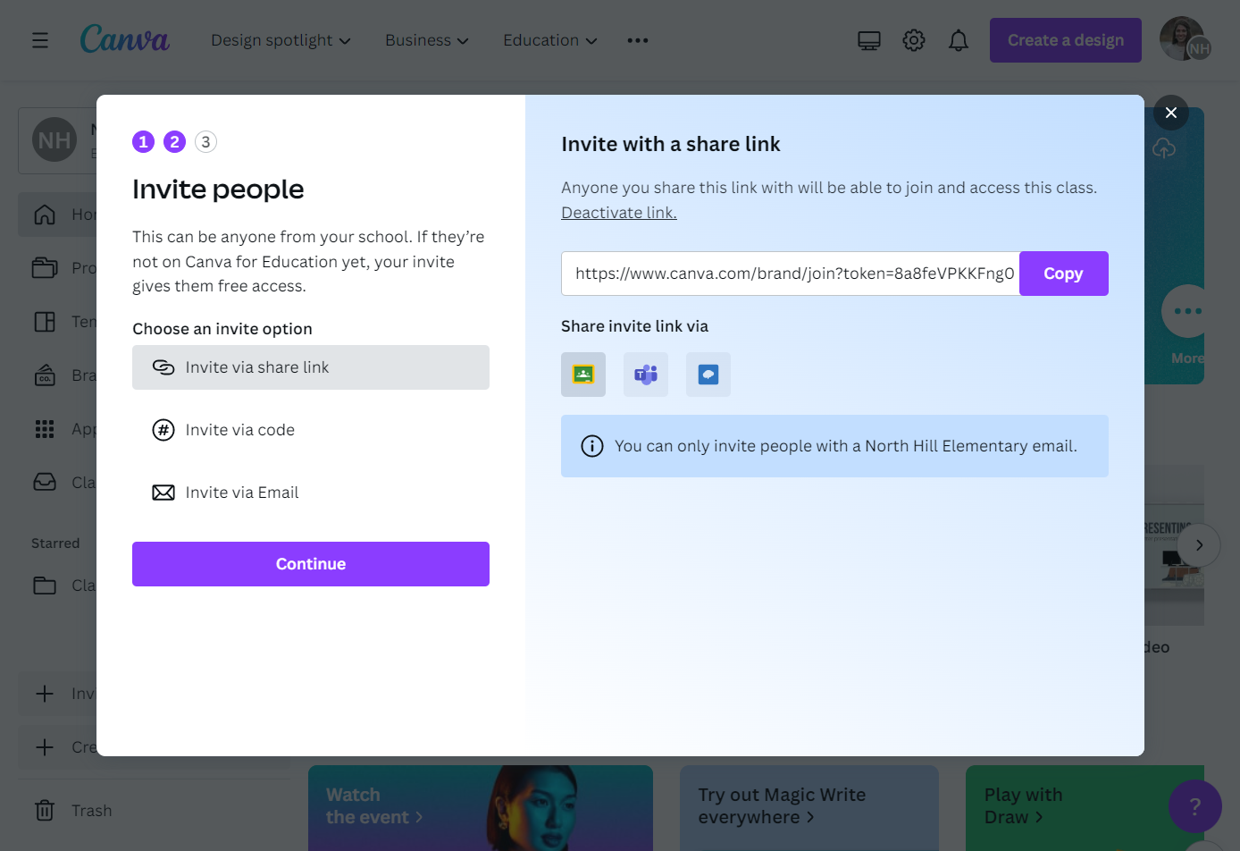 Click on Share invite link via Google Classroom