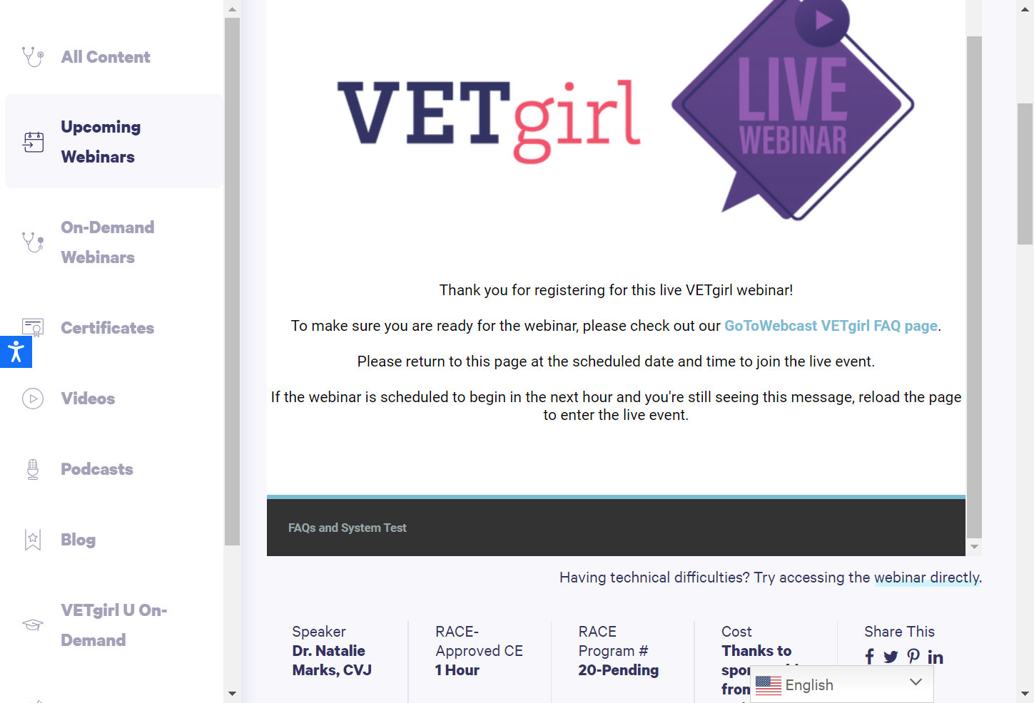 You'll receive a Thank you message for registering