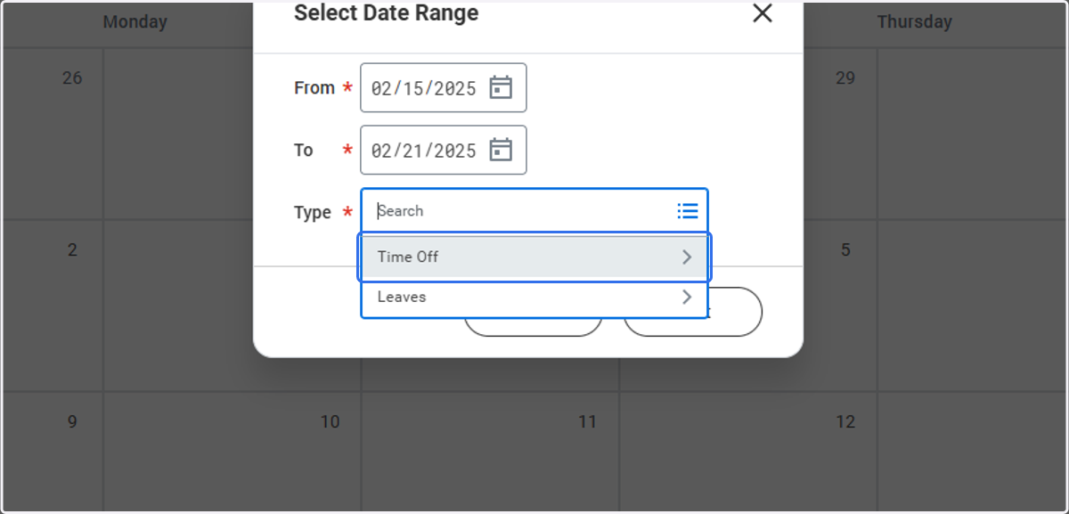 Click on 'Time Off' in Type menu