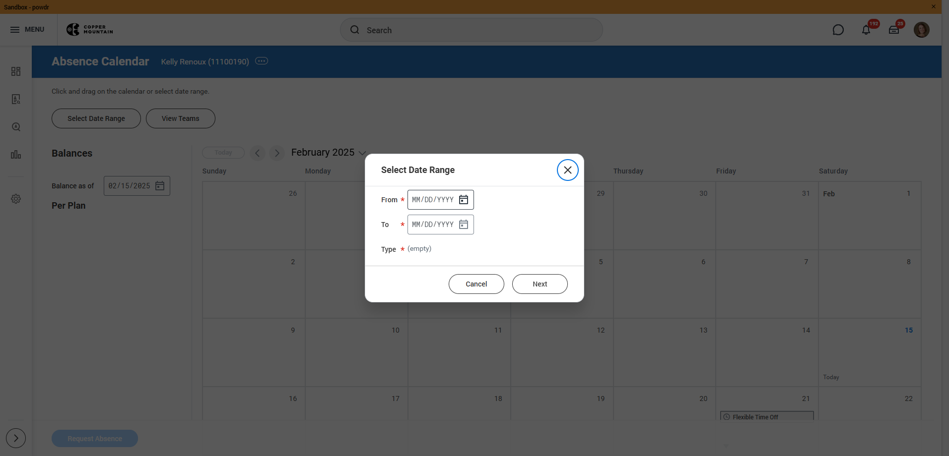 Choose the date range that you will be using Flex Time