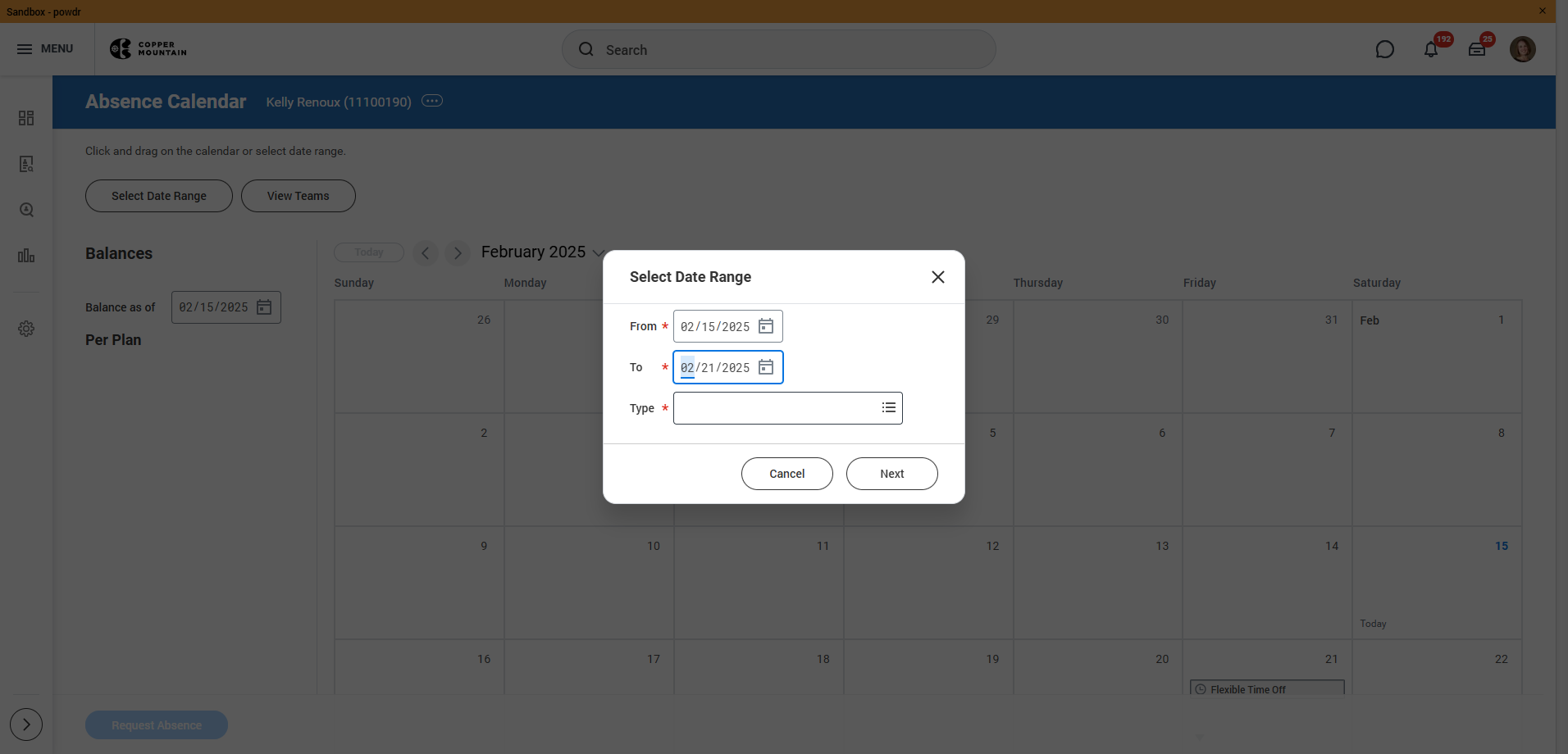 Choose the date range that you will be using Flex Time