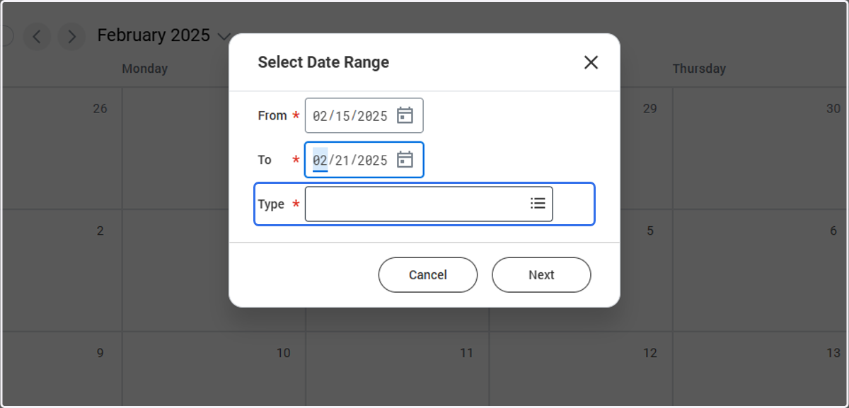 Choose the date range that you will be using Flex Time
