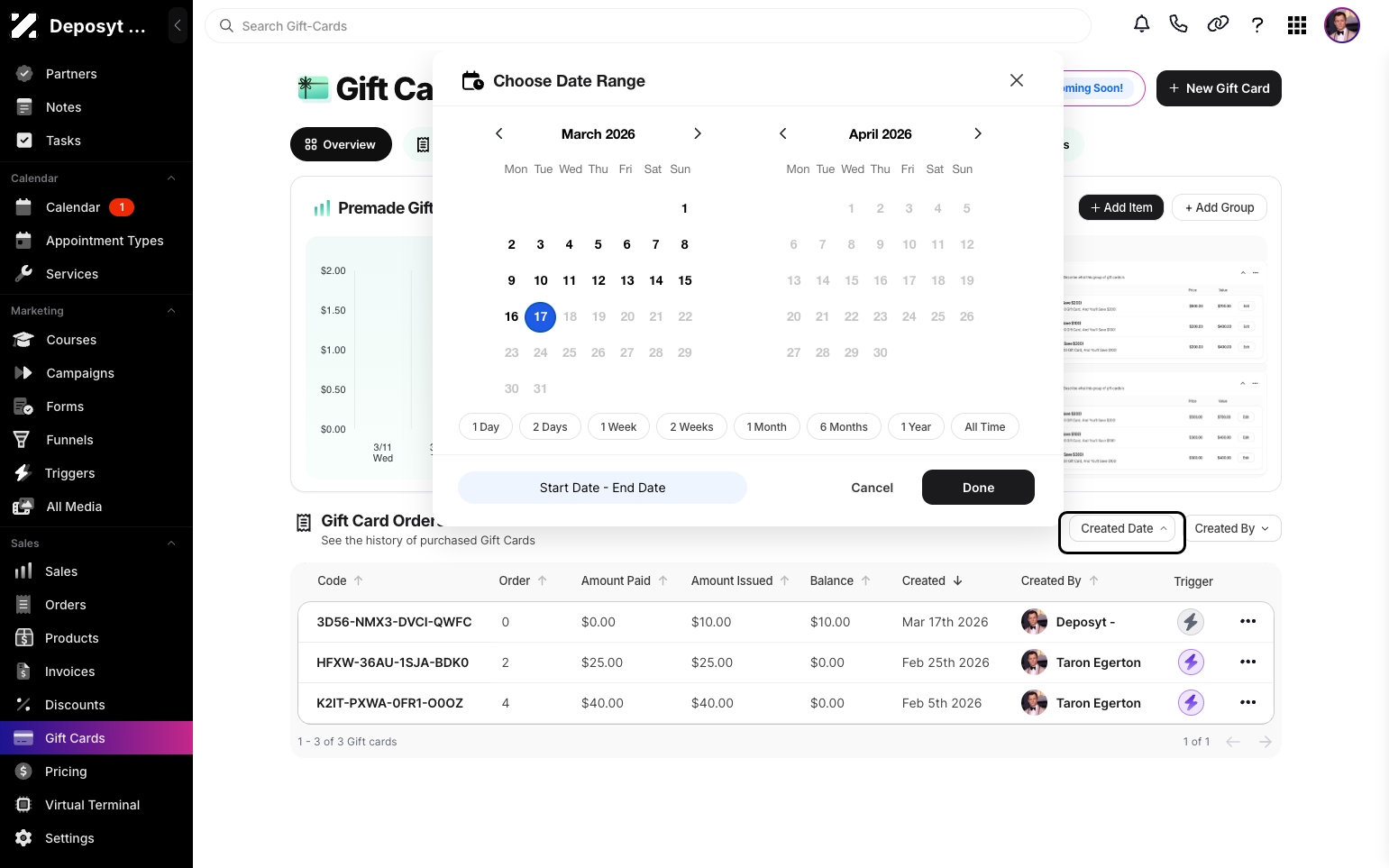 Step 4: Click the Created Date button to open the calendar, then select the date range you want to filter.